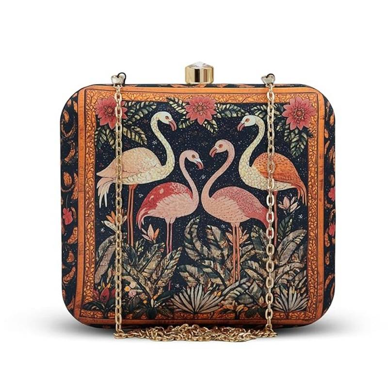 Black based flamingo printed clutch for women with detachable strap