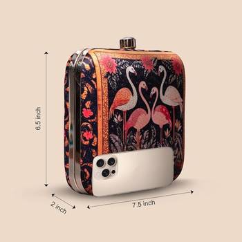 Black based flamingo printed clutch for women with detachable strap 2
