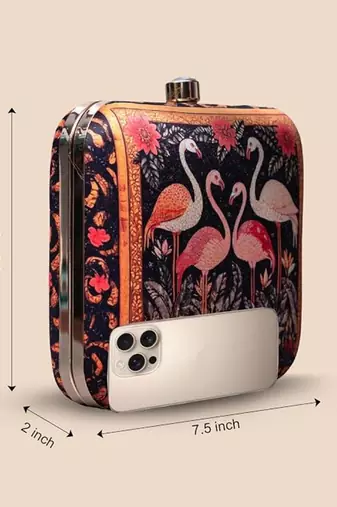 Black based flamingo printed clutch for women with detachable strap