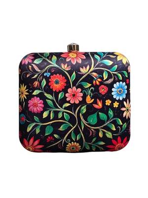 Black based floral printed clutch for women with detachable strap 1