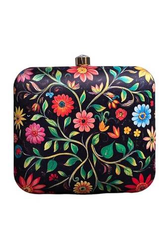 Black based floral printed clutch for women with detachable strap