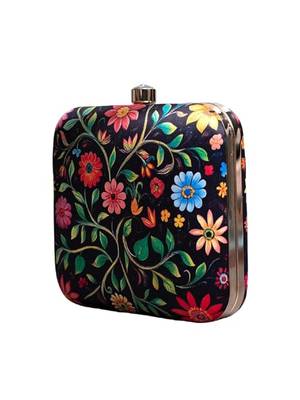 Black based floral printed clutch for women with detachable strap 2