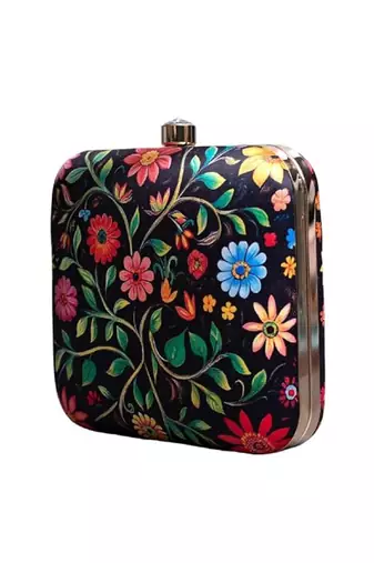 Black based floral printed clutch for women with detachable strap