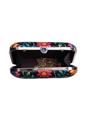 Black based floral printed clutch for women with detachable strap 3