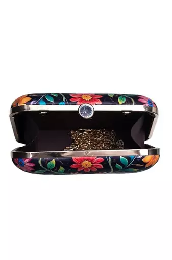 Black based floral printed clutch for women with detachable strap
