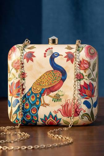 Biege based peacock printed clutchbag for women with detachable strap
