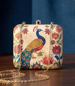 Biege based peacock printed clutchbag for women with detachable strap