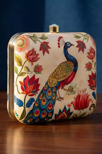 Biege based peacock printed clutchbag for women with detachable strap