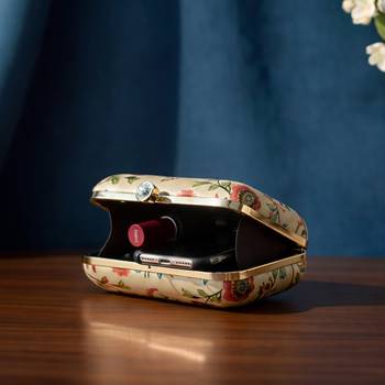 Biege based peacock printed clutchbag for women with detachable strap 3