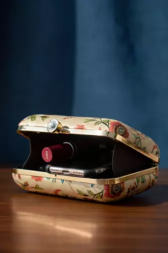 Biege based peacock printed clutchbag for women with detachable strap