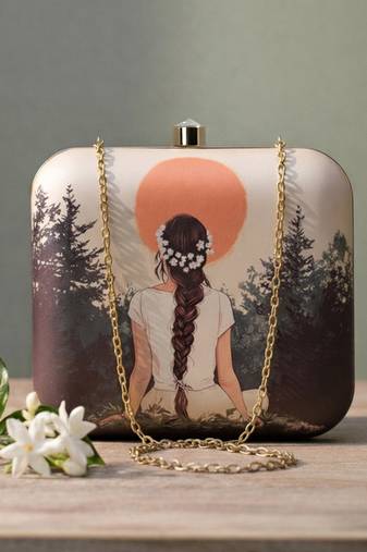 Beige based girl portrait printed clutch bag for women with detachable strap