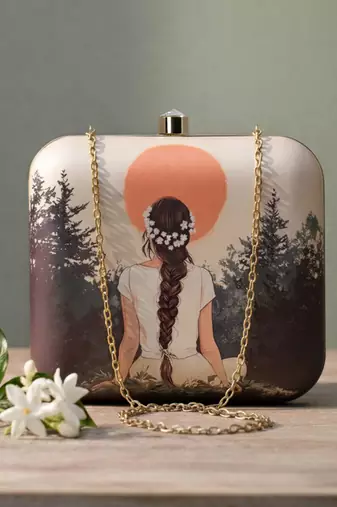 Beige based girl portrait printed clutch bag for women with detachable strap