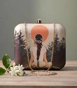 Beige based girl portrait printed clutch bag for women with detachable strap