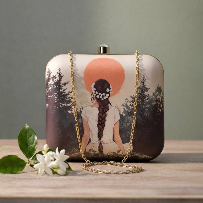 Beige based girl portrait printed clutch bag for women with detachable strap