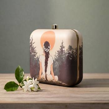 Beige based girl portrait printed clutch bag for women with detachable strap 2