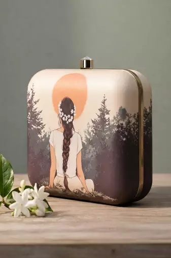 Beige based girl portrait printed clutch bag for women with detachable strap