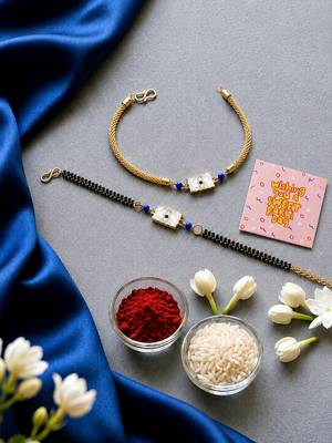 Elegant minimal evil eye bhaiya bhabhi rakhi set with pearl tassels 2