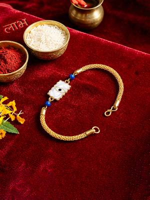 Elegant minimal evil eye bhaiya bhabhi rakhi set with pearl tassels 3