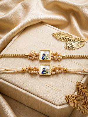Royal peacock bhaiya bhabhi rakhi set with pearl clusters 1