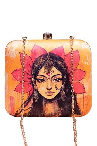 Yellow based indian woman printed clutch for women with detachable strap