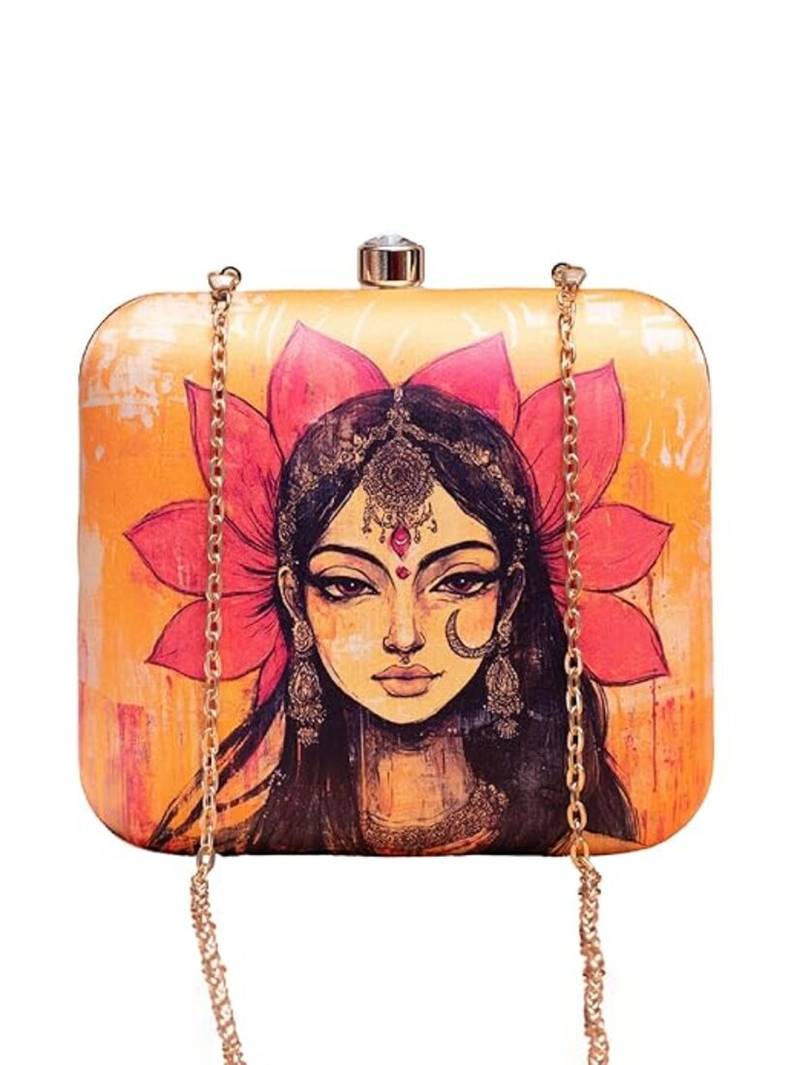 Yellow based indian woman printed clutch for women with detachable strap