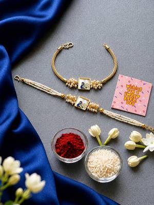 Royal peacock bhaiya bhabhi rakhi set with pearl clusters 2