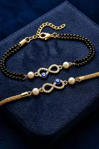 Infinity evil eye bhaiya bhabhi rakhi set with pearl beads