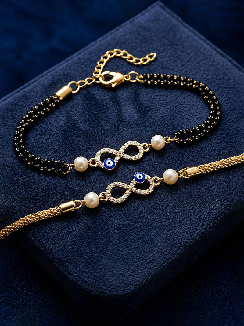Infinity evil eye bhaiya bhabhi rakhi set with pearl beads