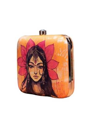 Yellow based indian woman printed clutch for women with detachable strap 2