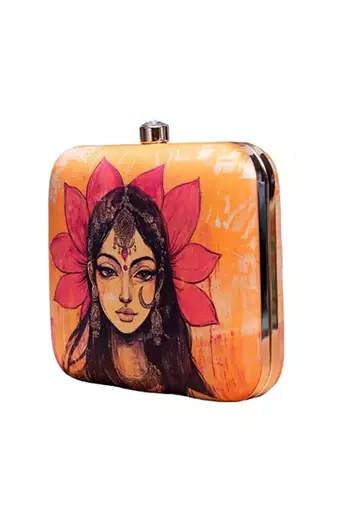 Yellow based indian woman printed clutch for women with detachable strap