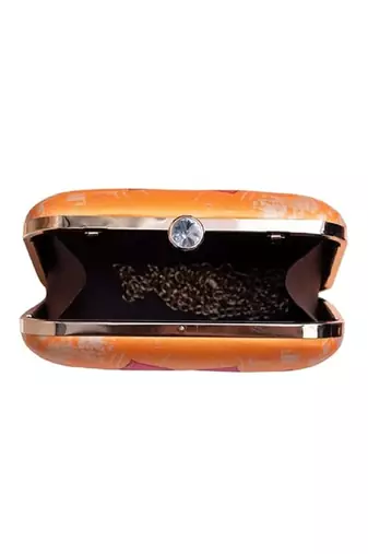 Yellow based indian woman printed clutch for women with detachable strap