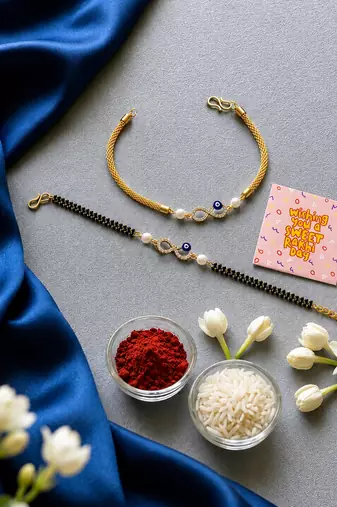 Infinity evil eye bhaiya bhabhi rakhi set with pearl beads