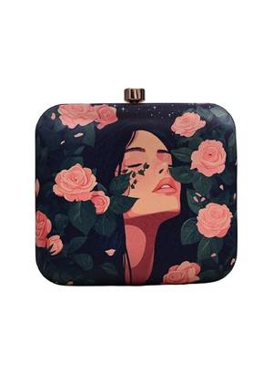 Rose and girl portrait printed clutch bag for women with detachable strap 1