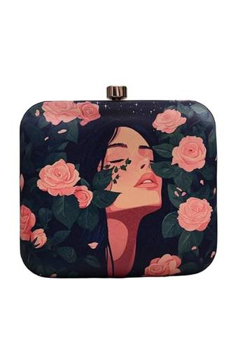 Rose and girl portrait printed clutch bag for women with detachable strap