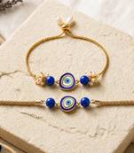 Blue evil eye bhaiya bhabhi rakhi set with pearl tassels