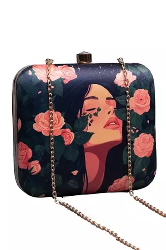 Rose and girl portrait printed clutch bag for women with detachable strap