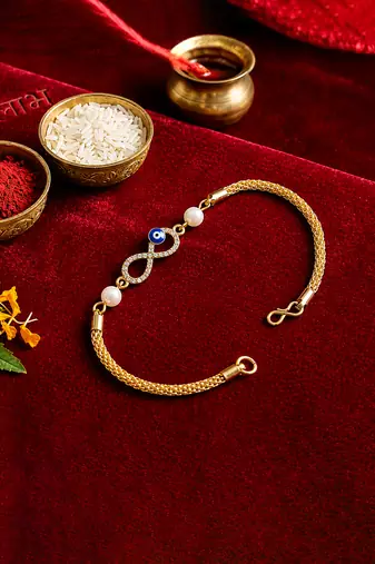 Infinity evil eye bhaiya bhabhi rakhi set with pearl beads