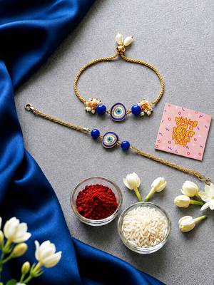 Blue evil eye bhaiya bhabhi rakhi set with pearl tassels 2
