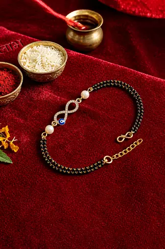 Infinity evil eye bhaiya bhabhi rakhi set with pearl beads