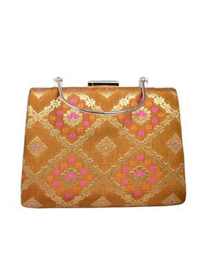 Mustard yellow based pink pattern printed brocade fabric clutch for women 1