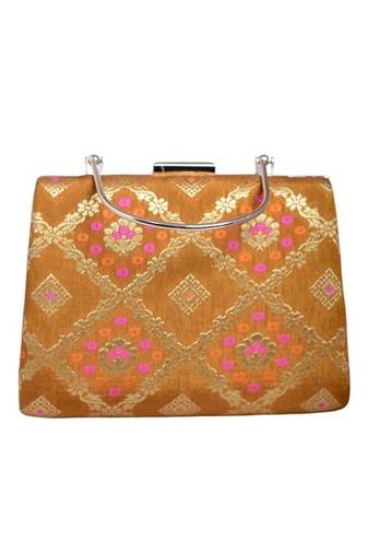 Mustard yellow based pink pattern printed brocade fabric clutch for women