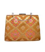 Mustard yellow based pink pattern printed brocade fabric clutch for women