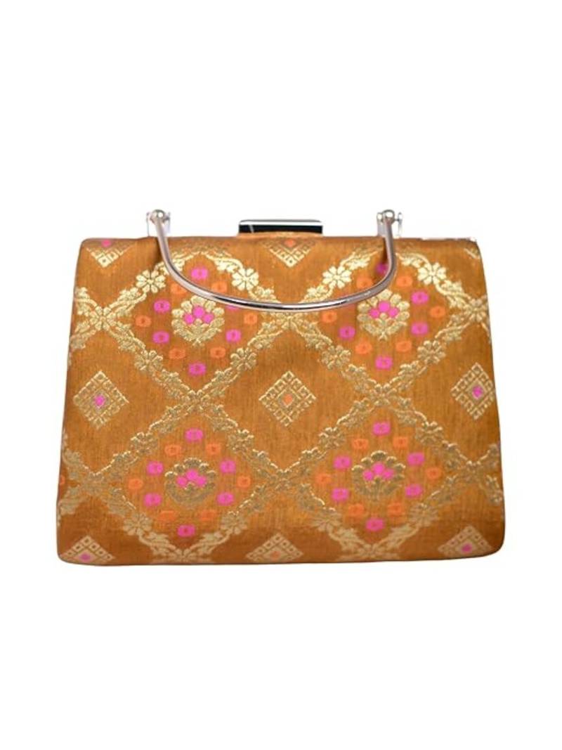 Mustard yellow based pink pattern printed brocade fabric clutch for women