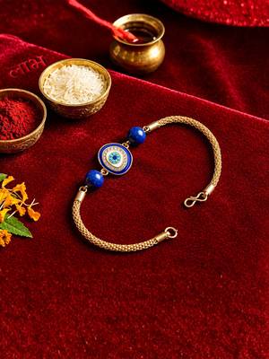 Blue evil eye bhaiya bhabhi rakhi set with pearl tassels 3