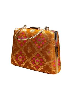Mustard yellow based pink pattern printed brocade fabric clutch for women 2