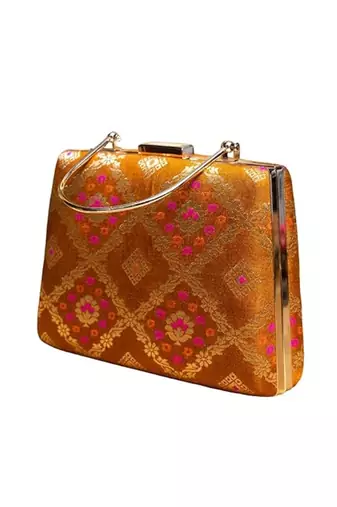 Mustard yellow based pink pattern printed brocade fabric clutch for women