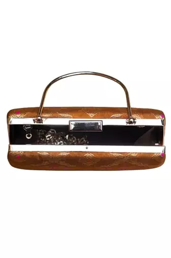 Mustard yellow based pink pattern printed brocade fabric clutch for women