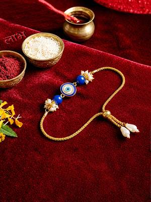 Blue evil eye bhaiya bhabhi rakhi set with pearl tassels 4