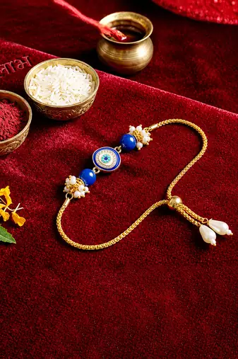 Blue evil eye bhaiya bhabhi rakhi set with pearl tassels
