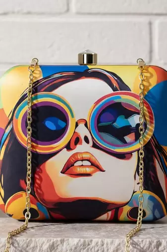 Multicolored portrait printed clutch bag for women with detachable strap